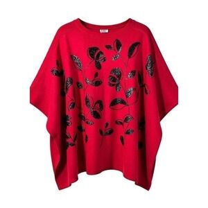 ANNE KLEIN Titian Red Sequin Floral Embellished Poncho Sweater‎ S/M Grannycore
